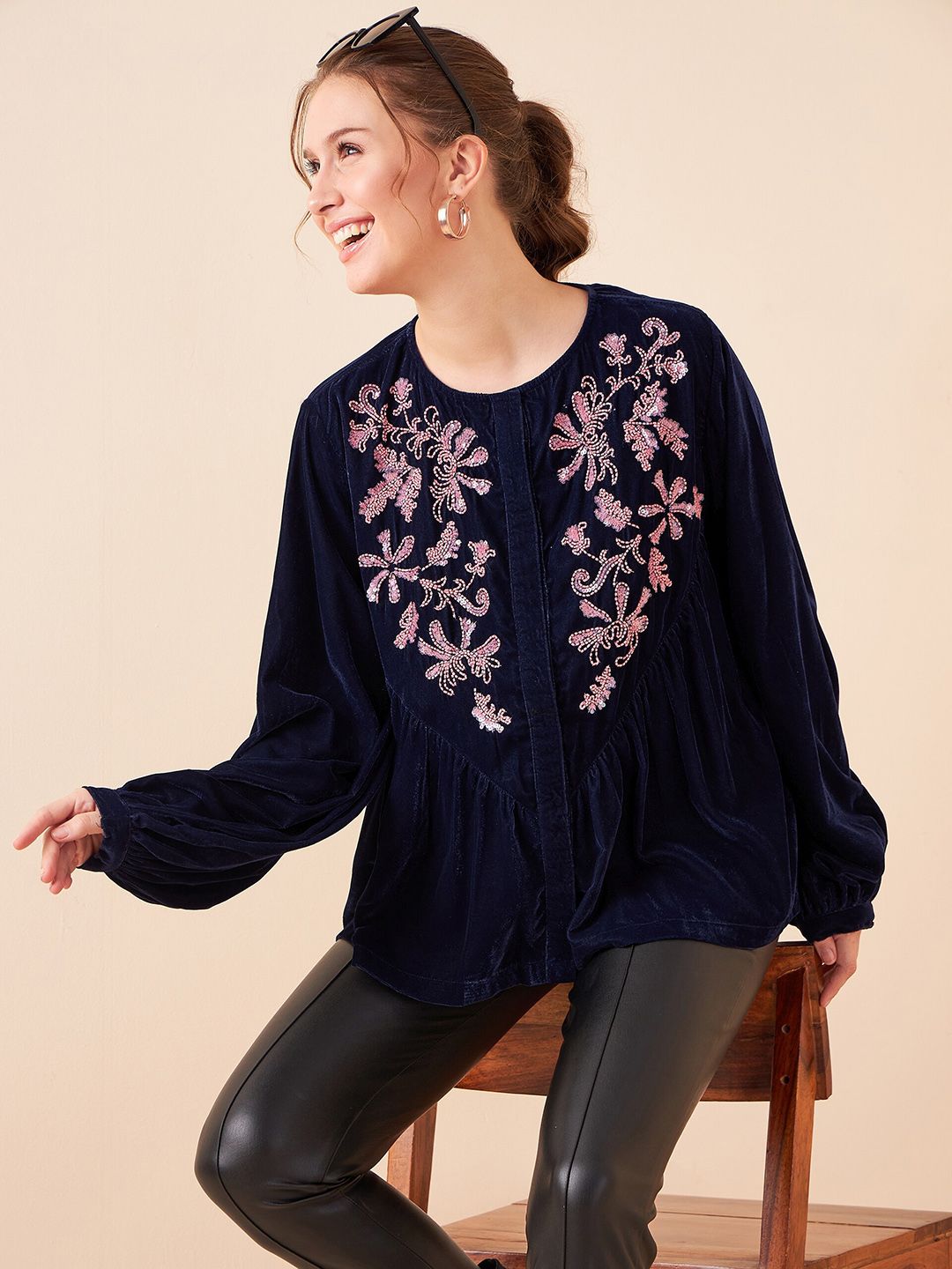 Antheaa Women Embroidered Velvet Top