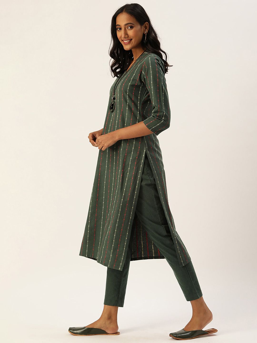 KALINI Women Striped Regular Thread Work Kurta with Trousers