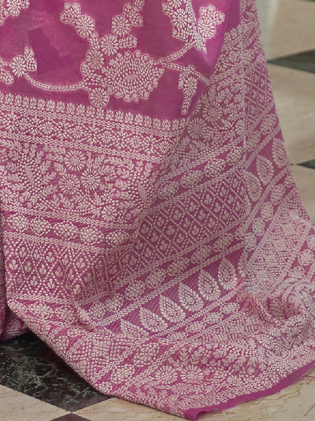 Mitera Pink & White Woven Design Linen Blend Muga Saree