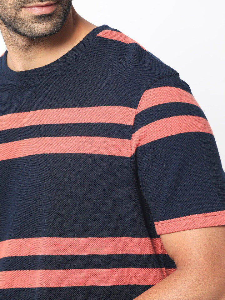 RARE RABBIT Men Cachos Striped Pure Cotton Slim Fit T-Shirt