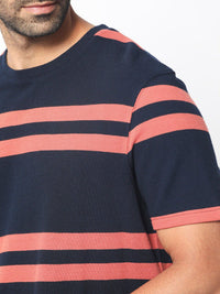 RARE RABBIT Men Cachos Striped Pure Cotton Slim Fit T-Shirt