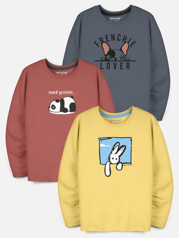 HELLCAT Boys Pack Of 3 Graphic Printed Round Neck T-shirt