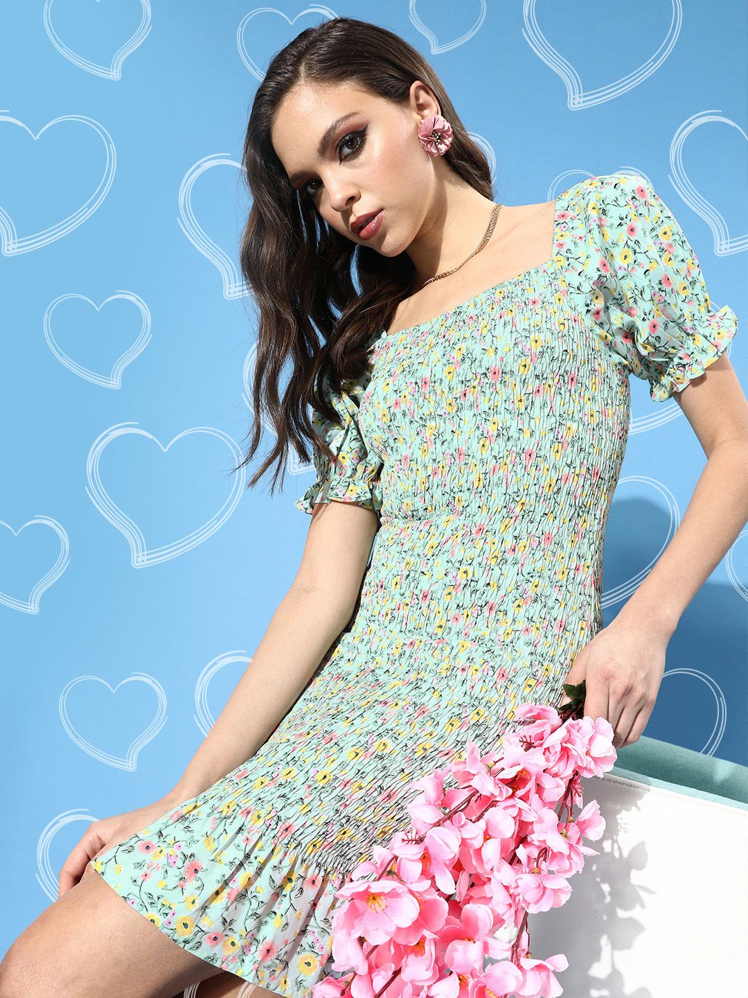 Berrylush Green Floral Crepe Bodycon Mini Dress