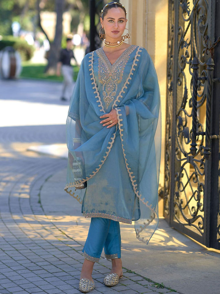Indo Era Ethnic Motifs Embroidered Sequinned Straight Kurta With Trousers &  Dupatta