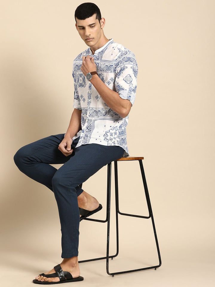 Anouk Men White And Blue Printed Pure Cotton Casual Shirt