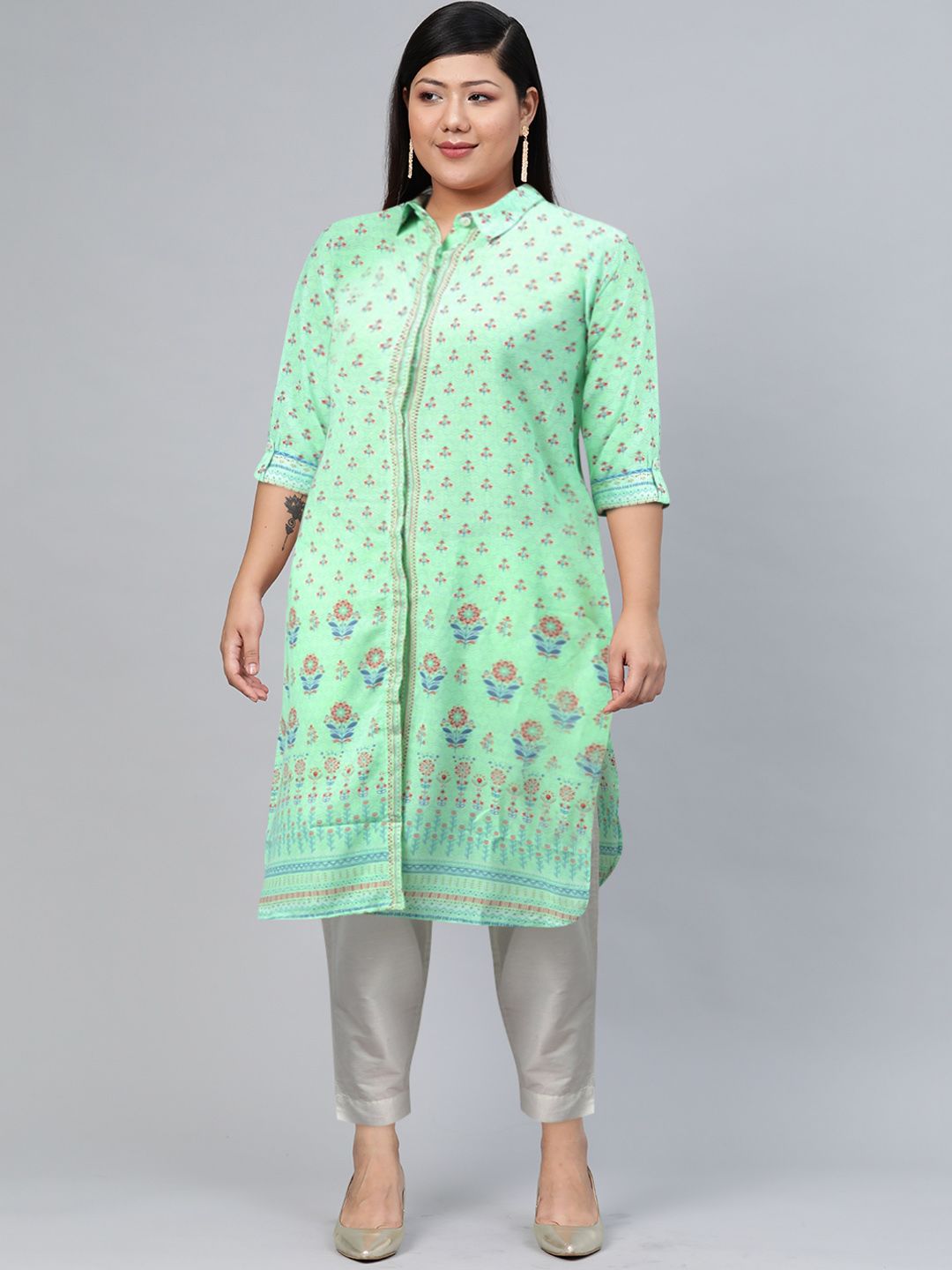 Global Desi Women Green & Red Printed A-Line Kurta