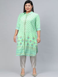 Global Desi Women Green & Red Printed A-Line Kurta