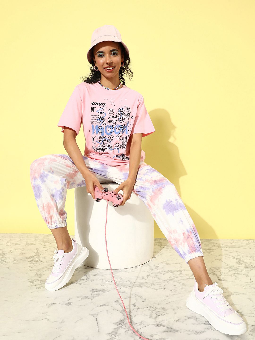 DILLINGER Pink & Black Printed Oversized Pure Cotton Longline T-shirt