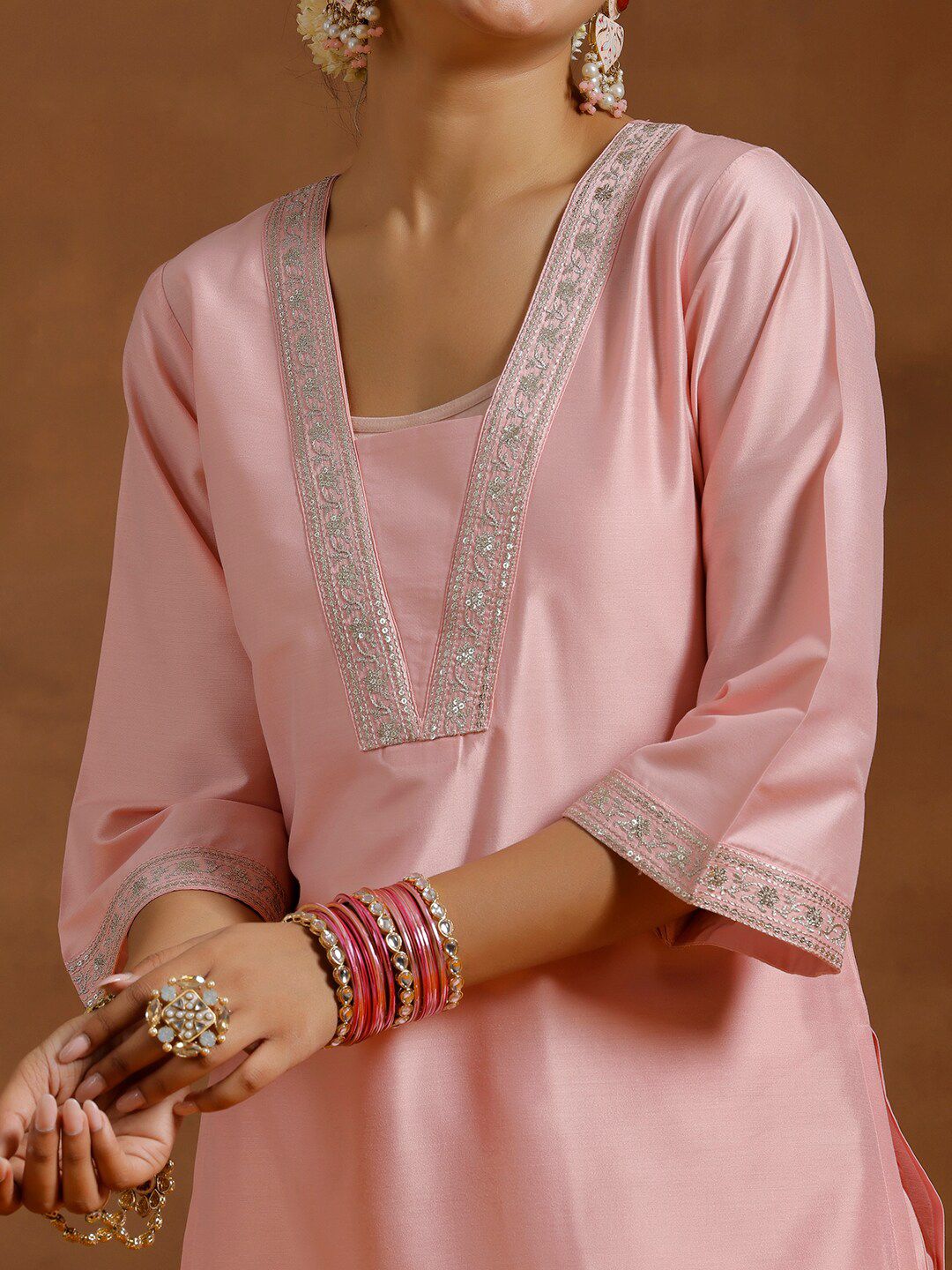 Libas Floral Yoke Design Sequinned Straight Kurta With Trousers & Dupatta