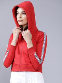 Tokyo Talkies Women Red Solid Hooded Sweatshirt