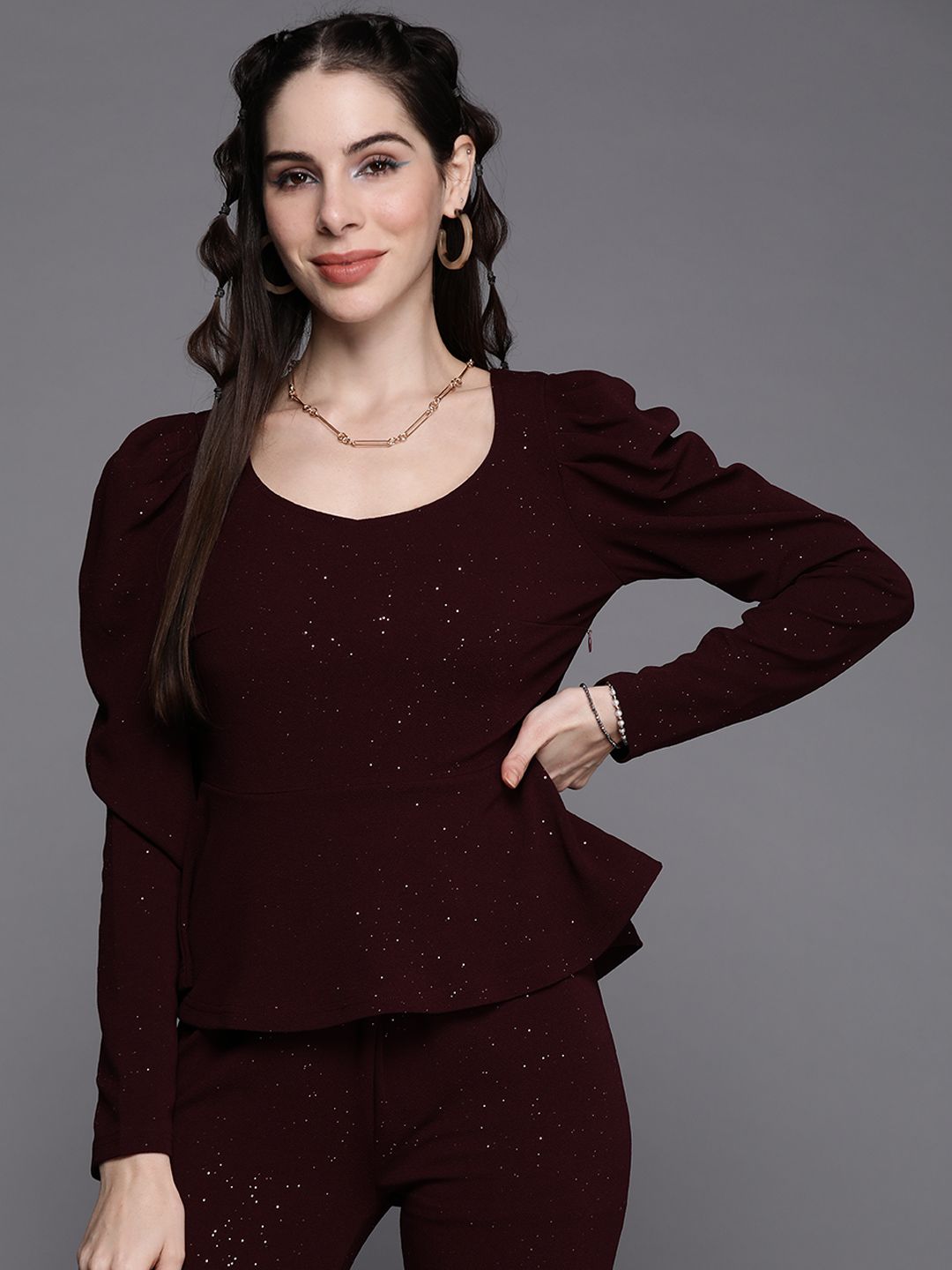 SASSAFRAS Burgundy Solid Shimmer Puff Sleeves Peplum Top