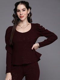 SASSAFRAS Burgundy Solid Shimmer Puff Sleeves Peplum Top