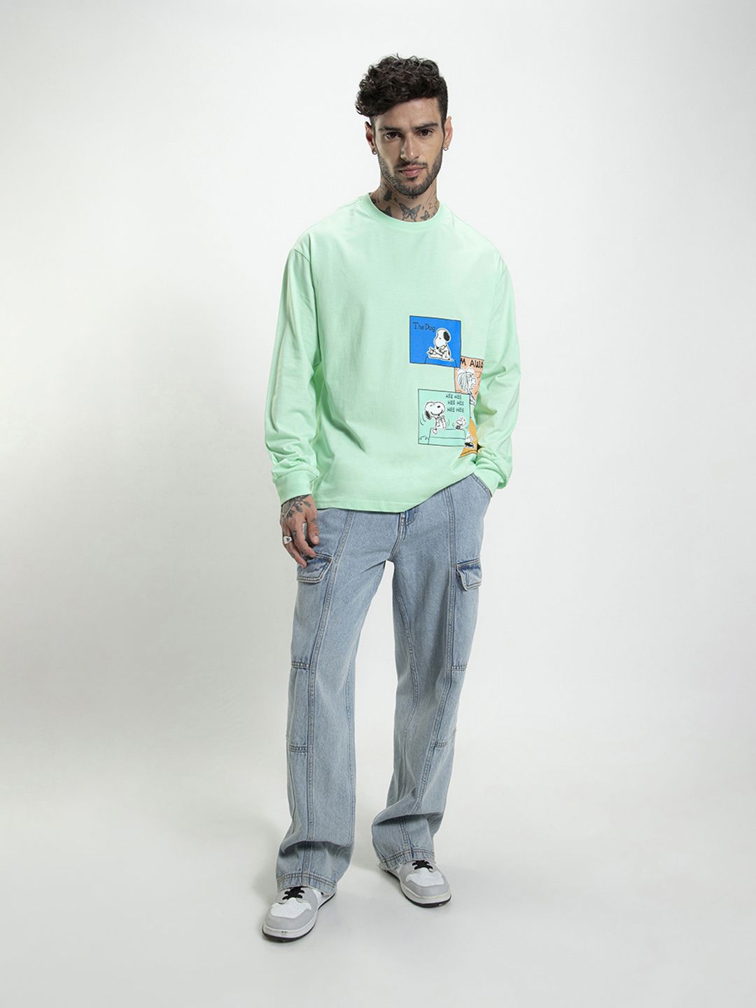 Bewakoof Official Peanuts Merchandise Snoopy Stripboard Printed Cotton Oversized T-shirt