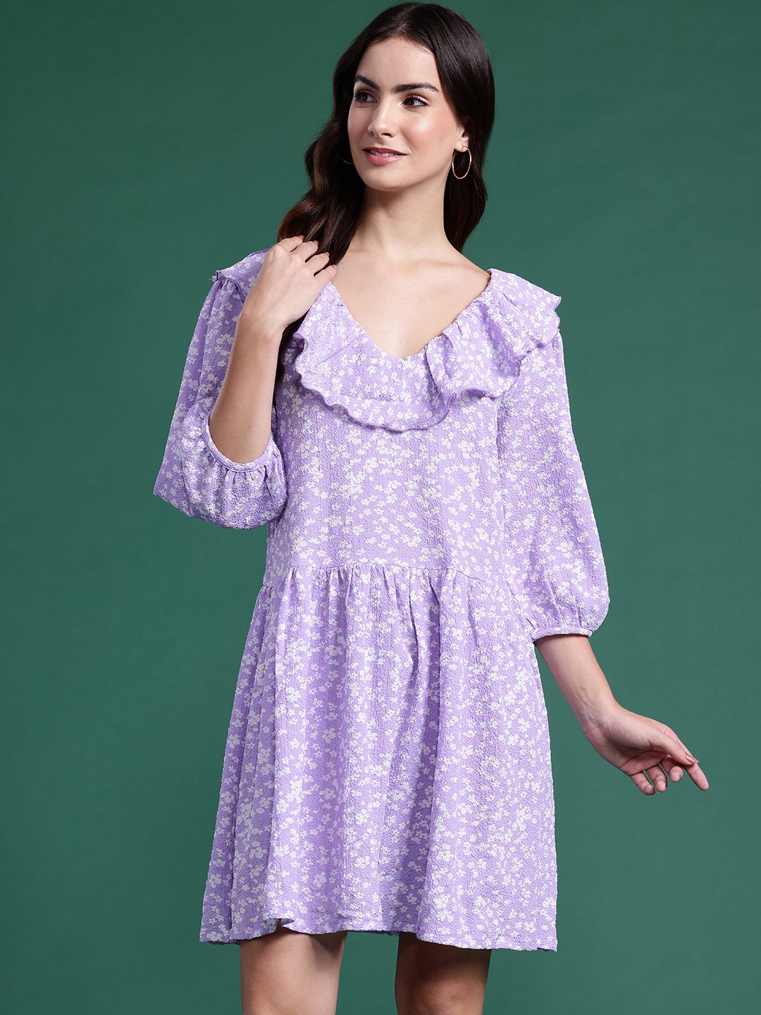 DressBerry Floral Print Puff Sleeve Fit & Flare Dress