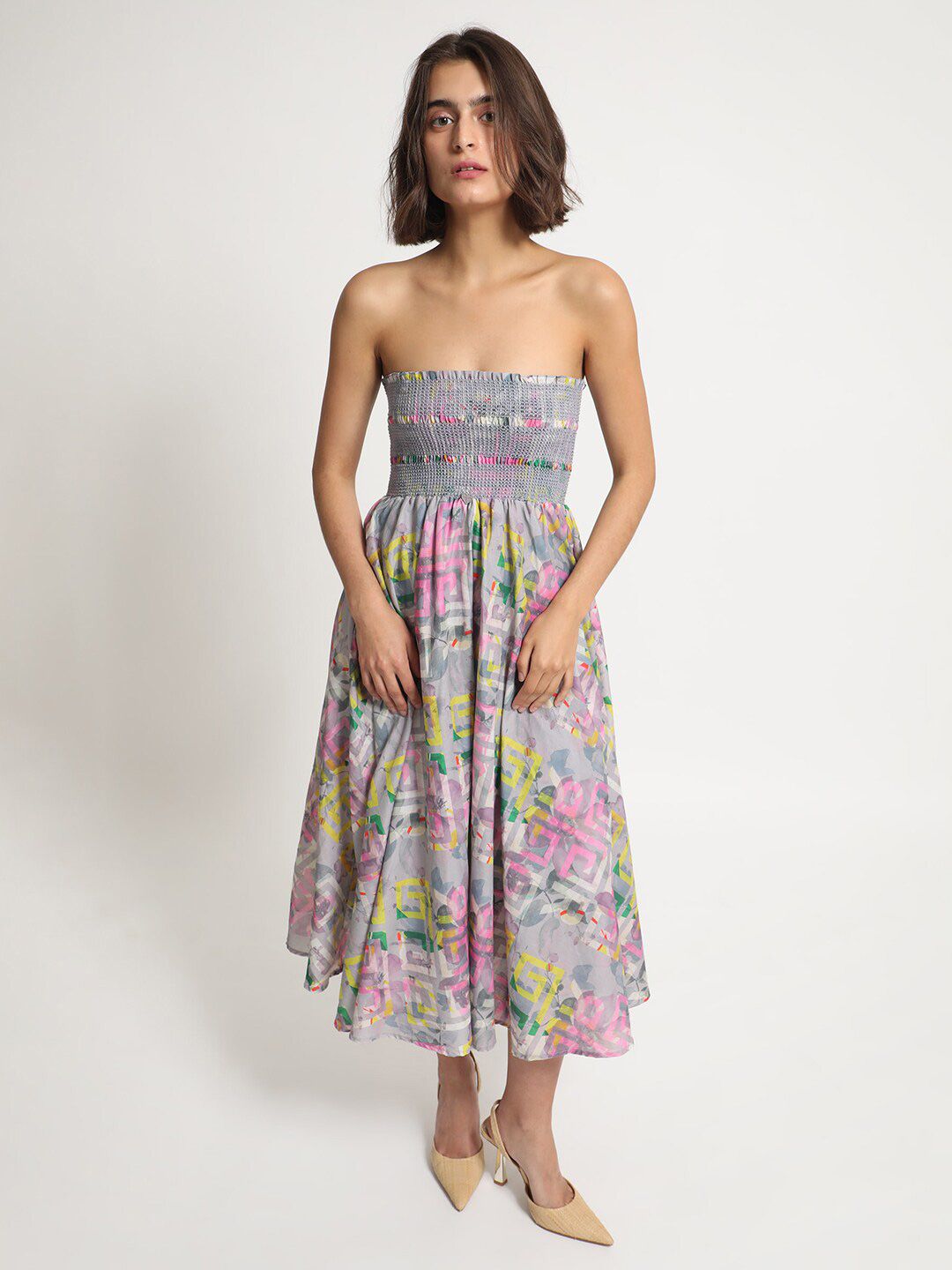 RAREISM Geo Floral Printed Off-Shoulder Fit & Flare Tube Midi Dress
