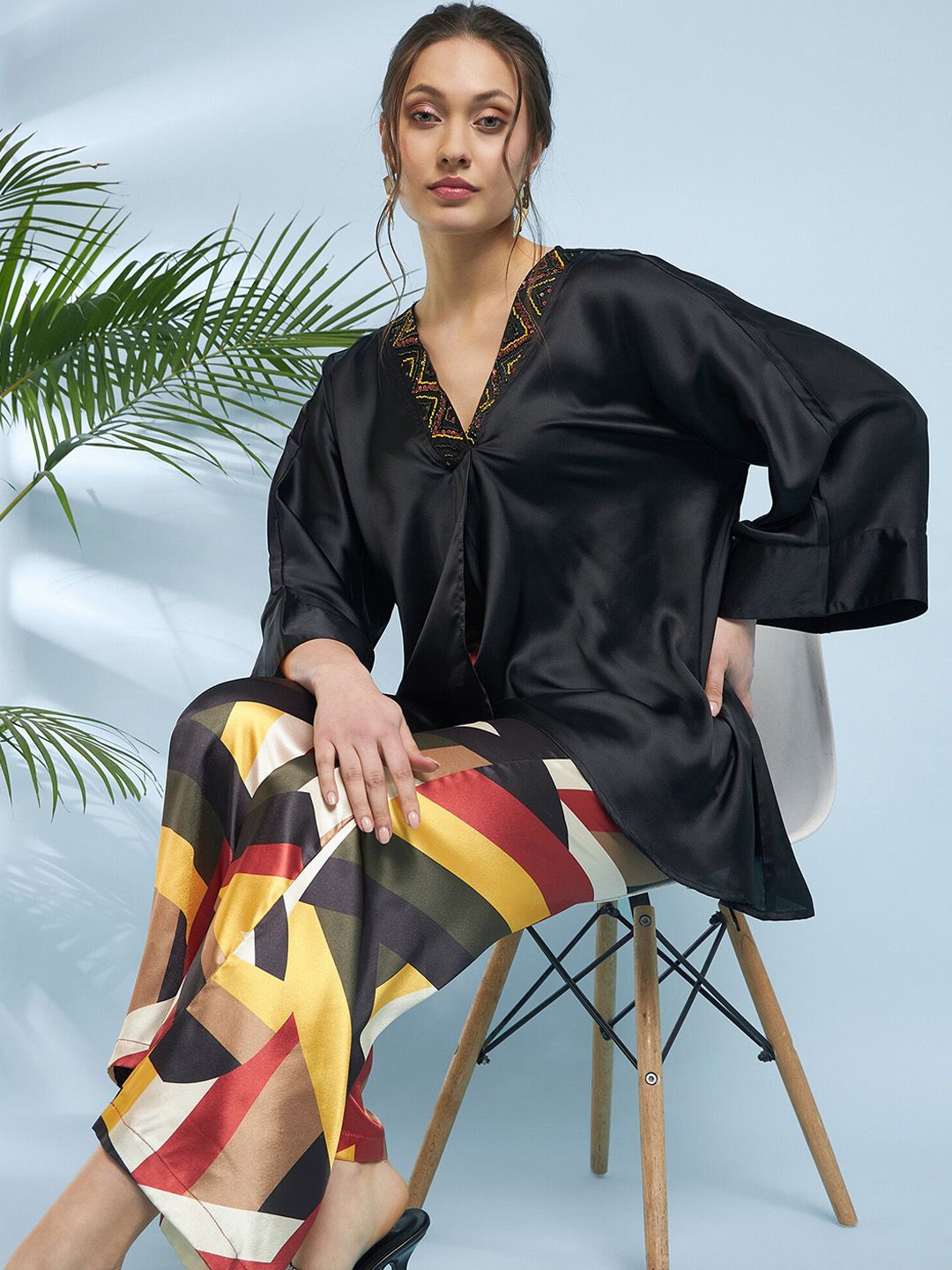 Antheaa Embellished Satin Top With Trousers