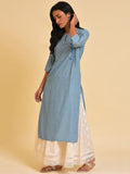 W Blue Floral Embroidered Keyhole Neck Thread Work Kurta