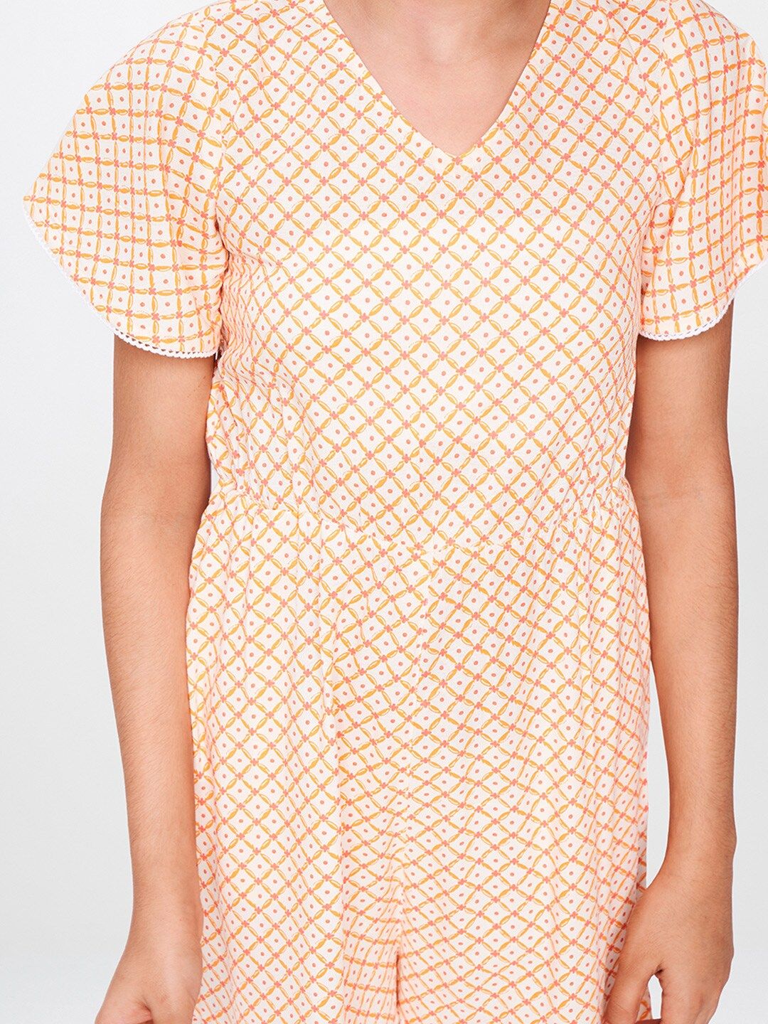 Global Desi Girls Off-White & Yellow Printed Basic Jumpsuit