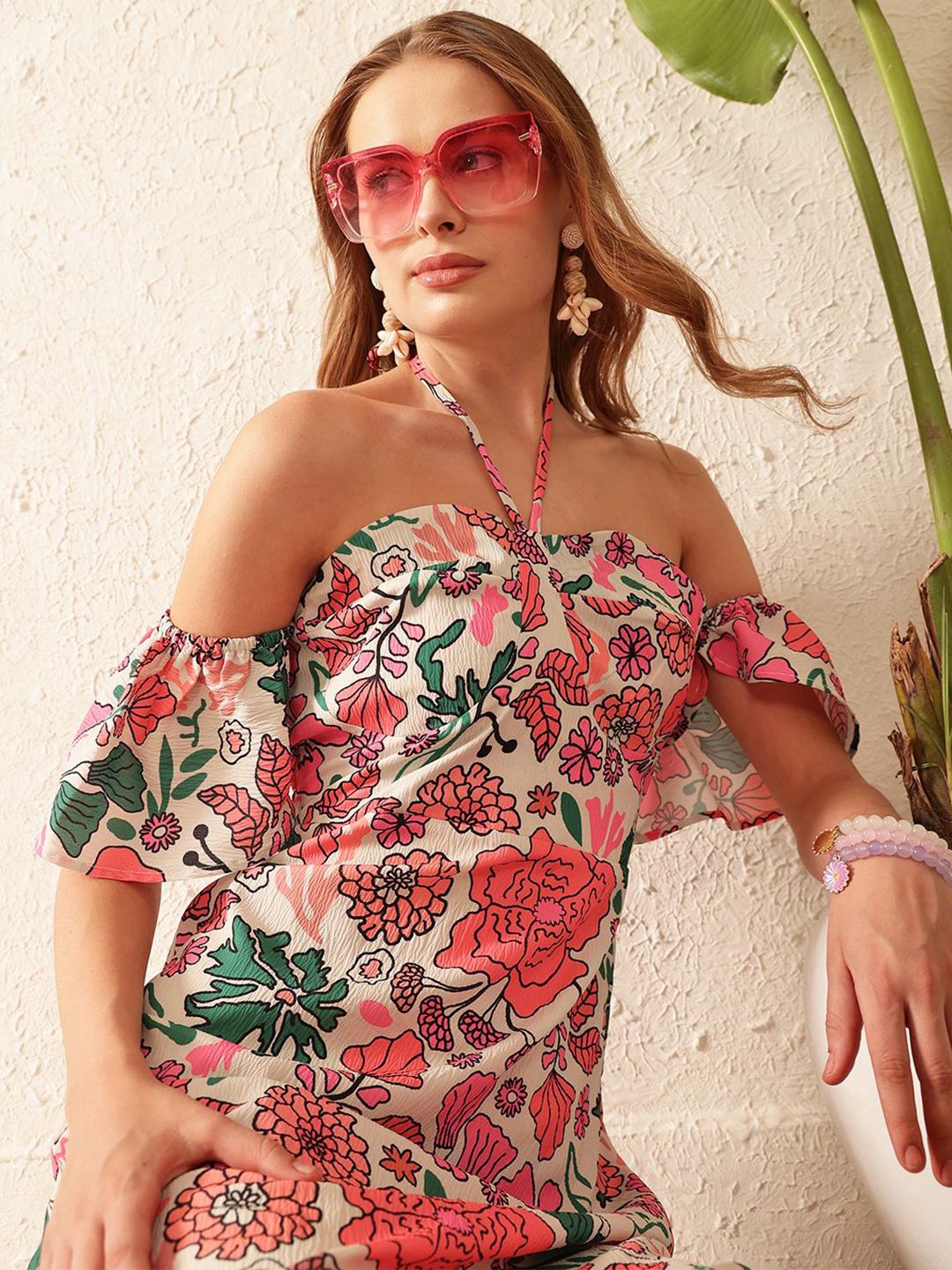 STREET 9 Floral Print Off-Shoulder Crepe A-Line Midi Dress