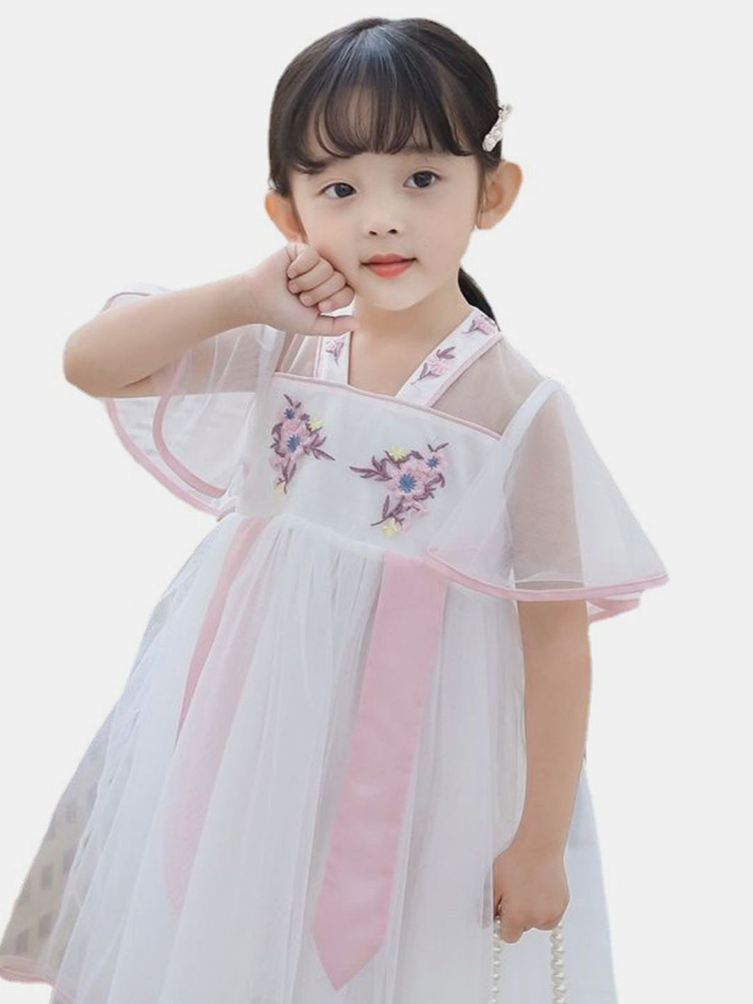 YK Girls Floral Print V-Neck Fit & Flare Dress