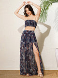 Berrylush Floral Printed Strapless Crop Top With Maxi Skirt