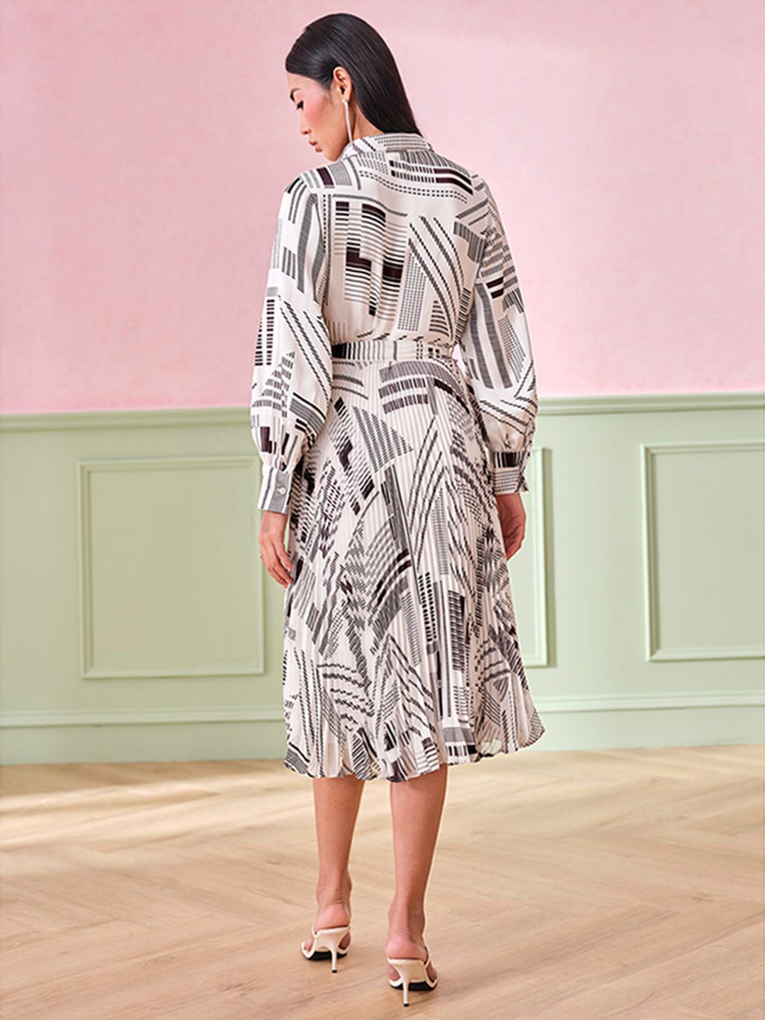 AND Abstract Printed Shirt Collar A-Line Midi Dress