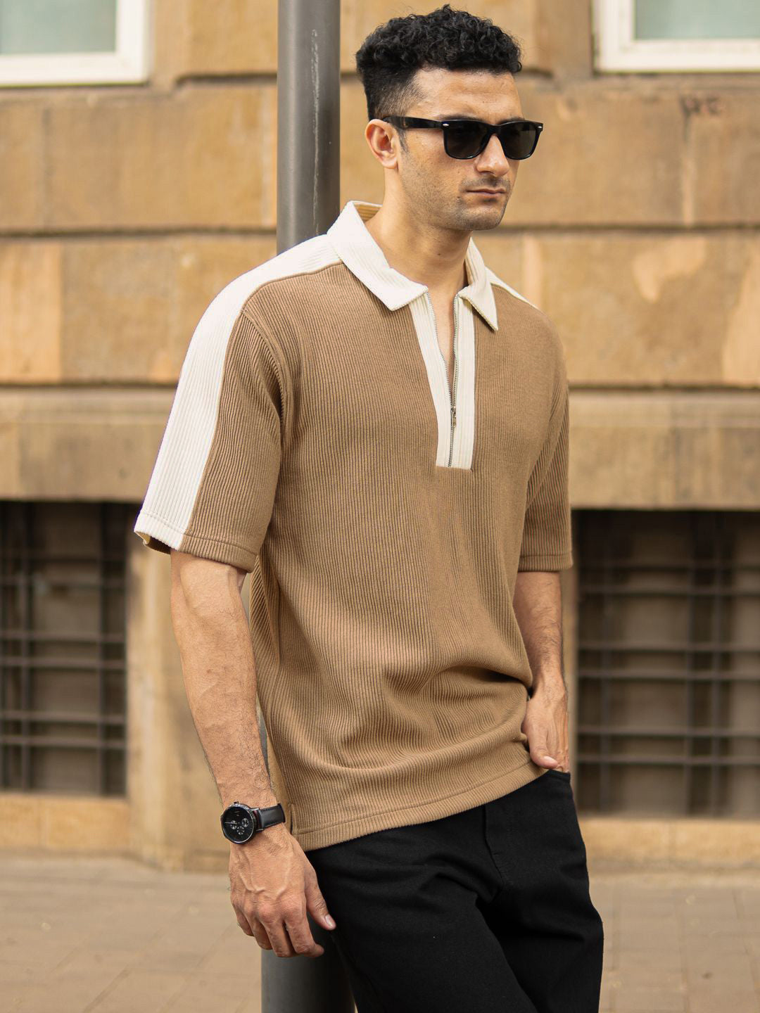 Powerlook Men Polo Collar Drop-Shoulder Sleeves Oversized T-shirt