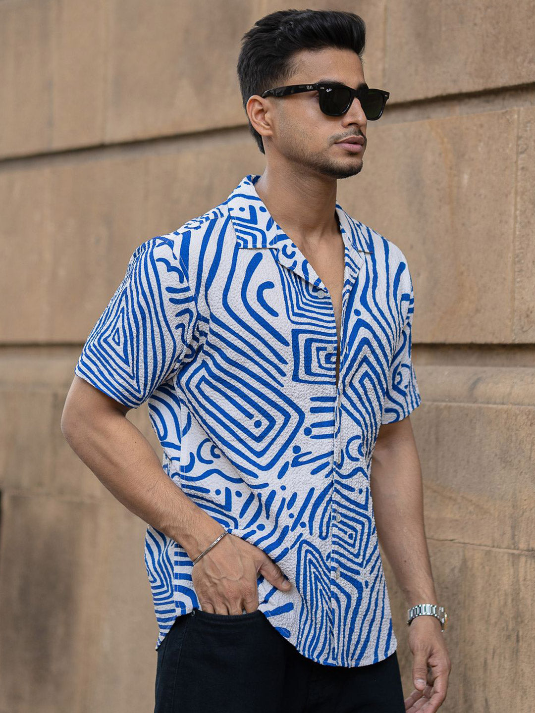 Powerlook Men Cuban Collar Abstract Printed Casual Shirt