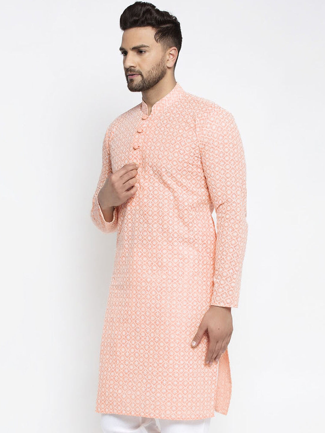 Jompers Men Orange Woven Design Straight Kurta