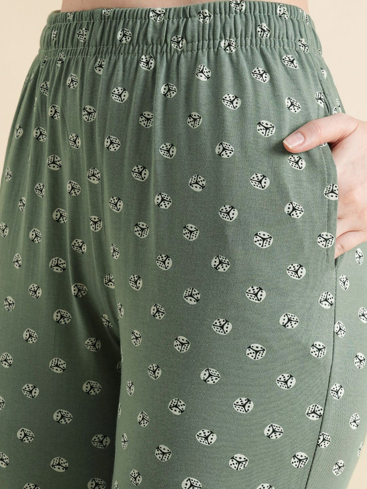 Sweet Dreams Green & White Conversational Printed Pure Cotton Night Suits