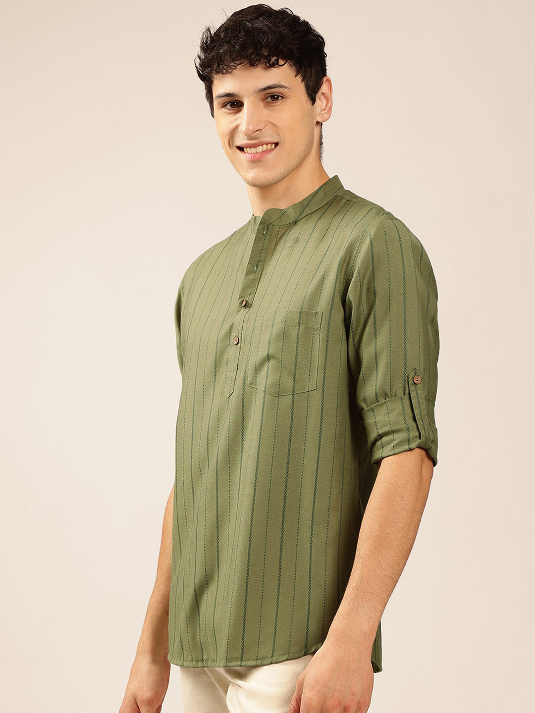 Anouk Striped Mandarin Collar Roll-Up Sleeves Short Kurta