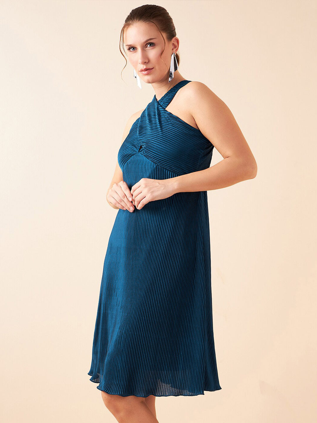 Antheaa Teal Self Design Sleeveless Chiffon Pleated A-Line Dress