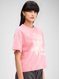 SPYKAR Women Floral Raw Edge Pure Cotton T-shirt