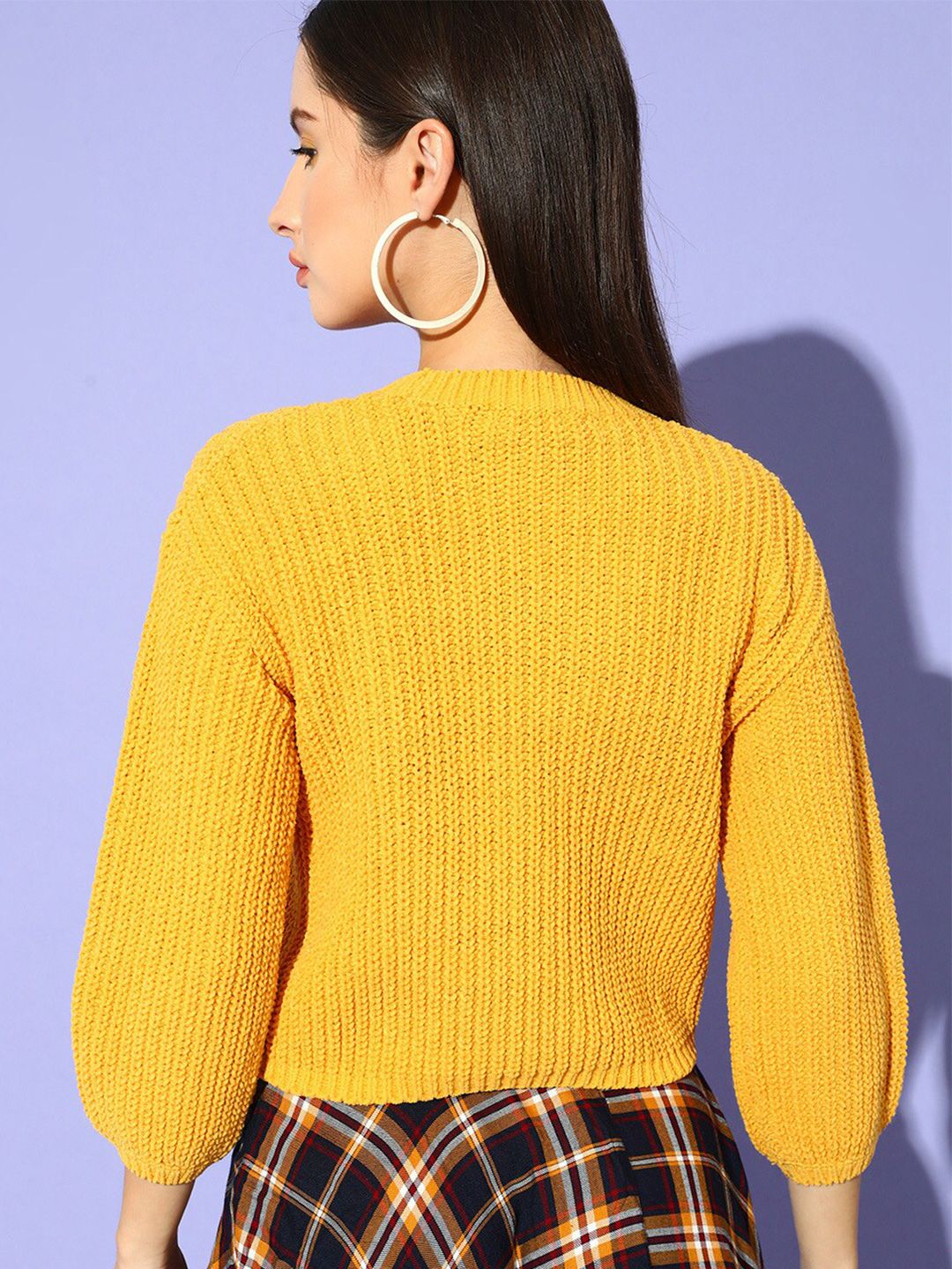 STREET 9 Women Yellow Ribbed Three Quarter Sleeves Pullover