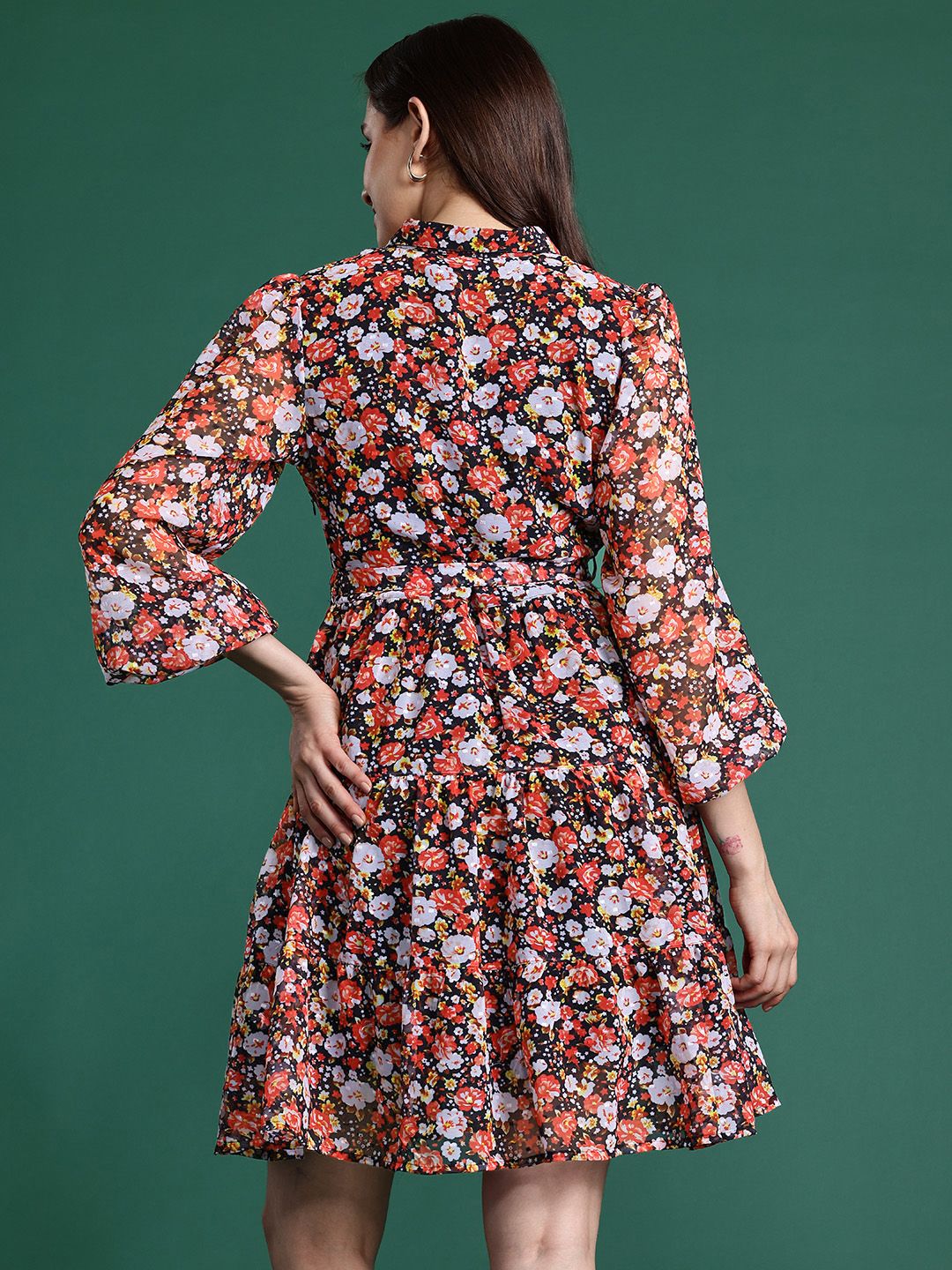 DressBerry Floral Print Puff Sleeves Shirt Dress