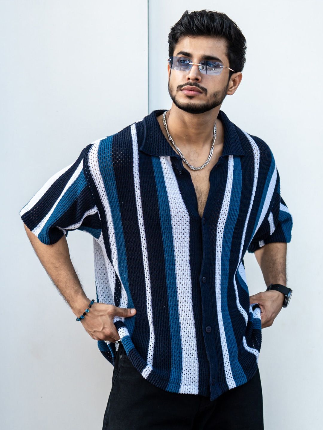 PowerlookIndia Slim Striped Oversized Casual Crochet Shirt