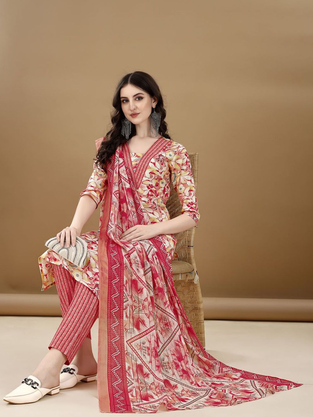 KALINI Women Floral Printed Regular Kurta with Trousers & Dupatta