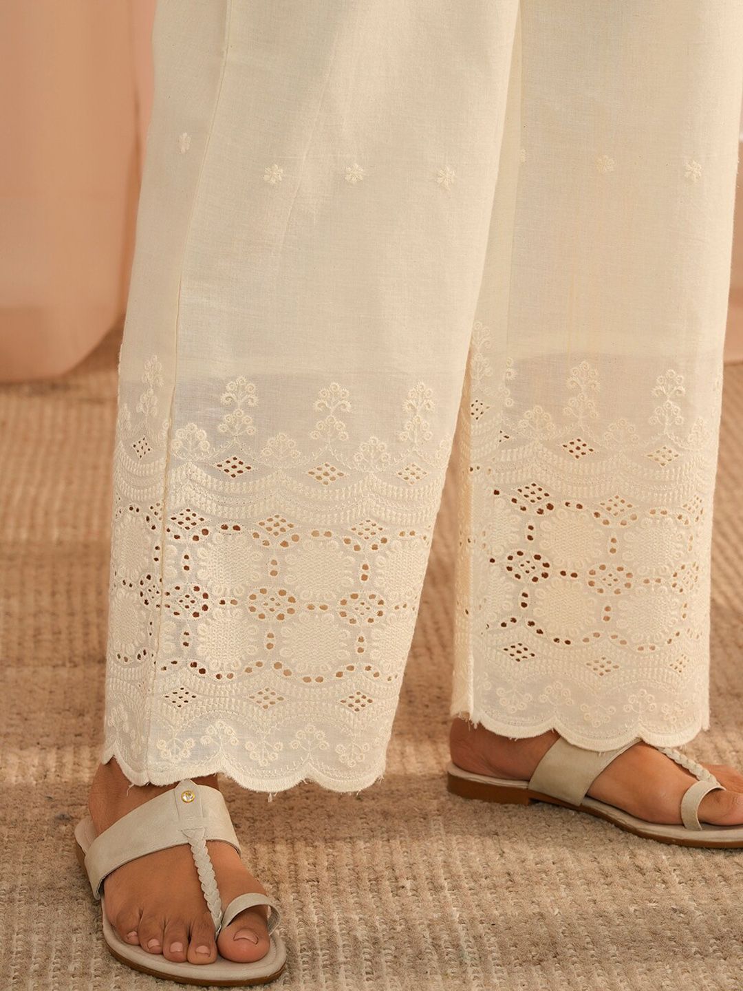 Libas Off White Self Design Round Neck Pure Cotton Kurti With Palazzos