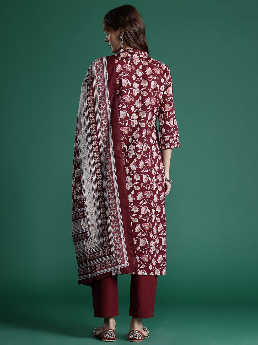 Indo Era Floral Printed Pure Cotton Kurta With Trousers & Dupatta