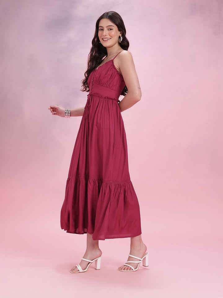 DressBerry Shoulder Straps Ruched Effect Smocked & Ruffled Detail Maxi Fit & Flare Dress