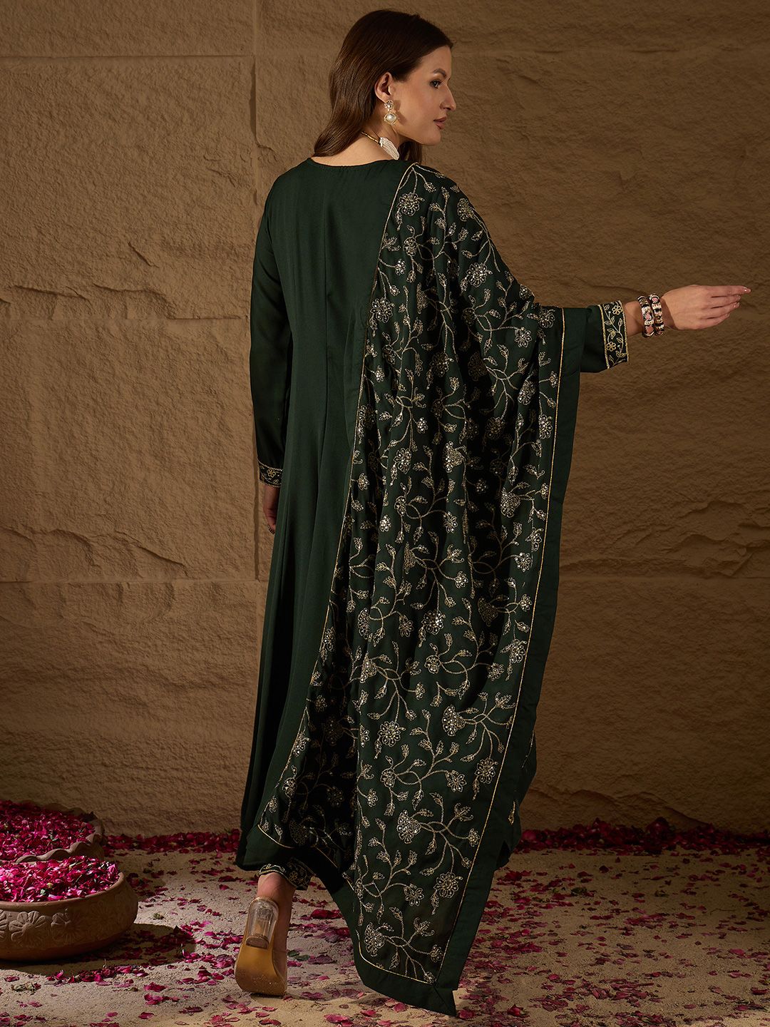 KALINI Floral Embroidered V-Neck Angrakha Kurta with Trousers & Dupatta