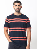 RARE RABBIT Men Cachos Striped Pure Cotton Slim Fit T-Shirt