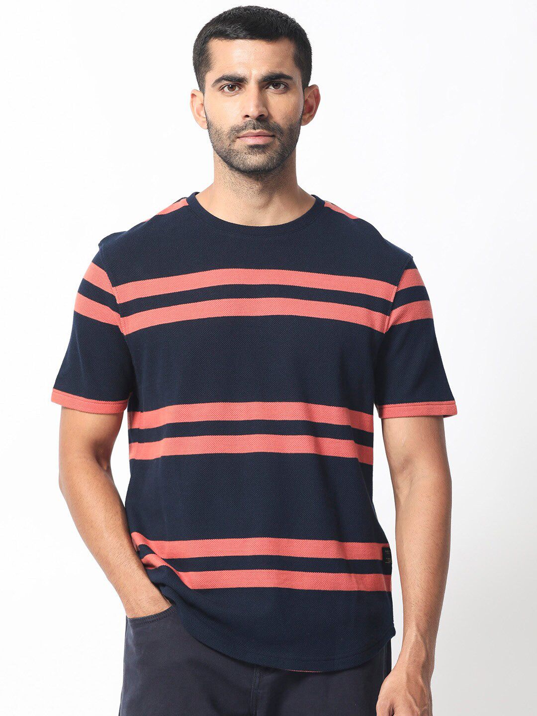 RARE RABBIT Men Cachos Striped Pure Cotton Slim Fit T-Shirt
