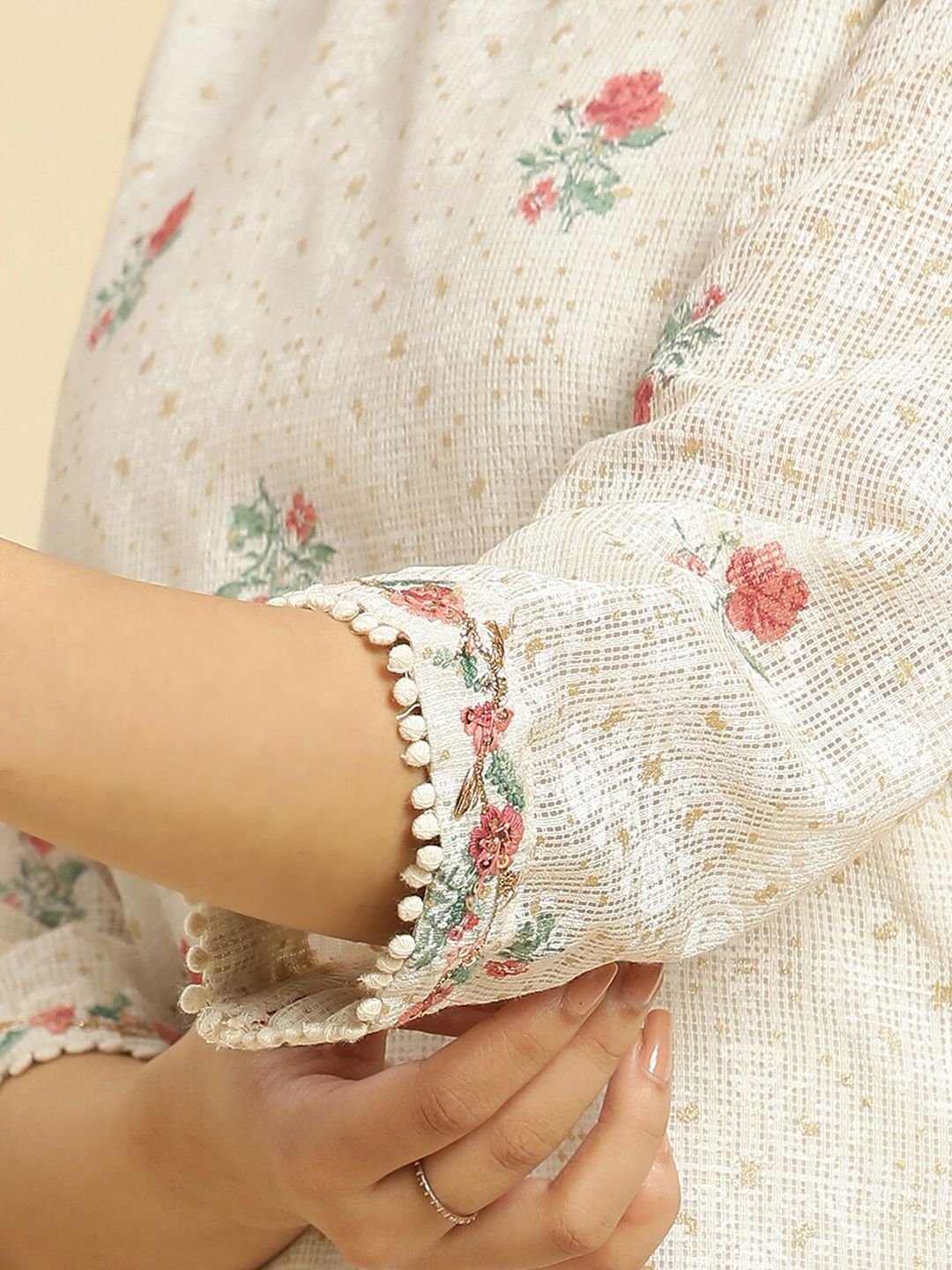 W Off White & Red Floral Printed Thread Work Boat Neck A-Line Kurta