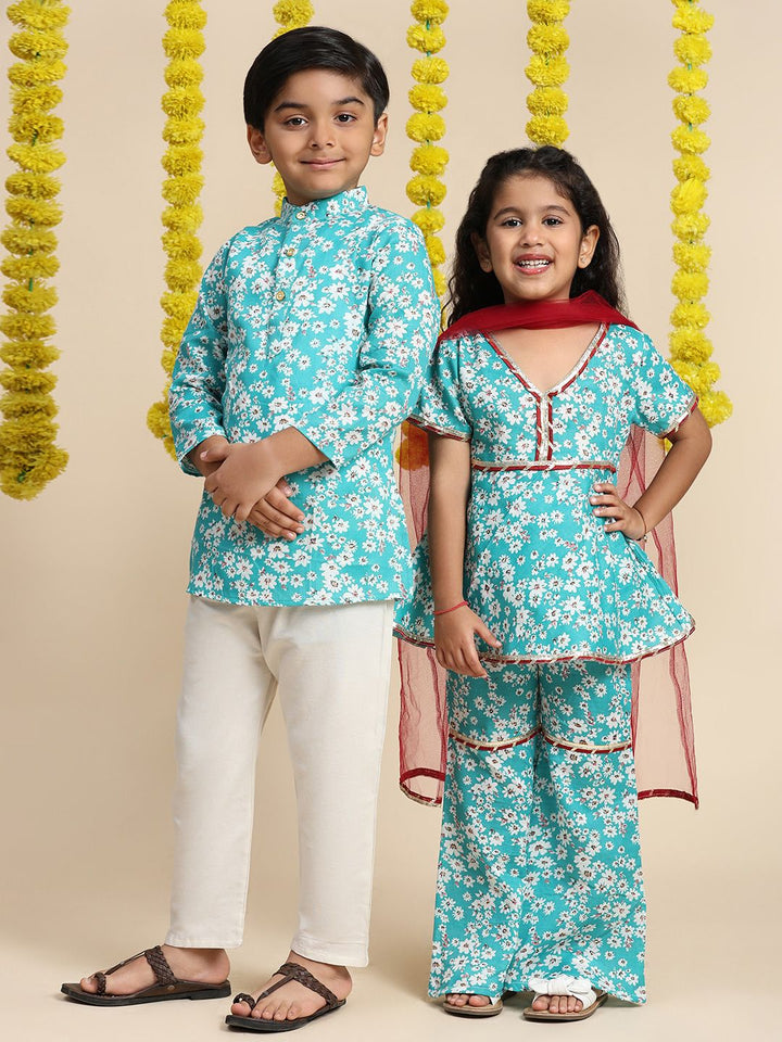 Cutiekins Girls Floral Printed Gotta Patti Kurti With Sharara & Dupatta