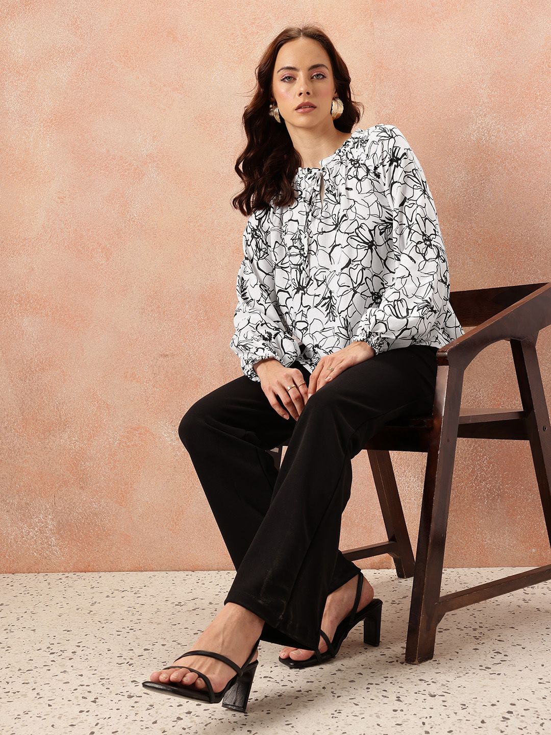 all about you Floral Print Tie-Up Neck Puff Sleeve Top