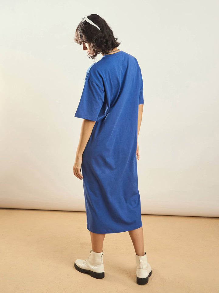 SASSAFRAS Blue Typographic Printed Pure Cotton Oversized T-shirt Dress