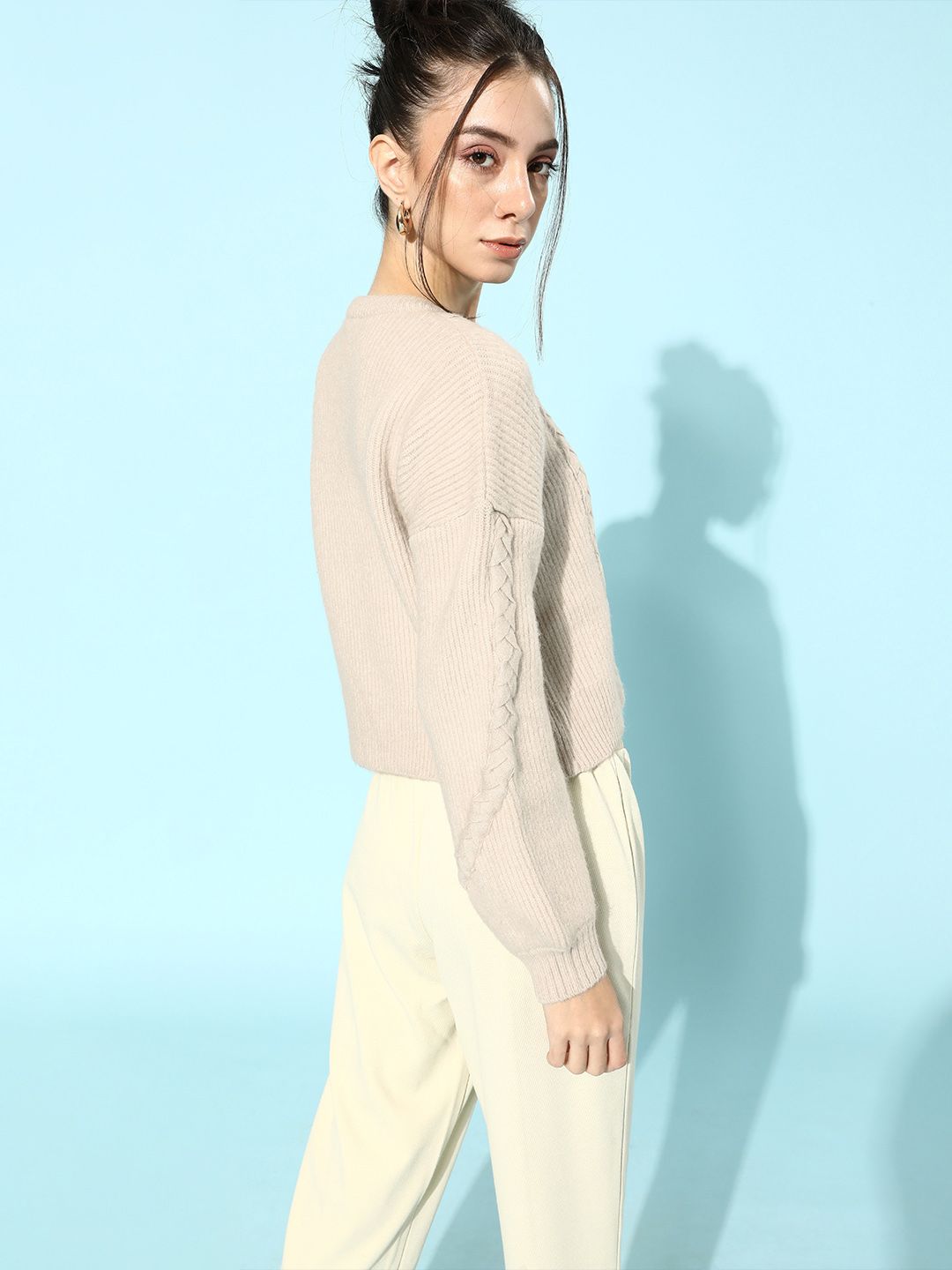 STREET 9 Women Cream-Coloured Acrylic Ribbed Pullover