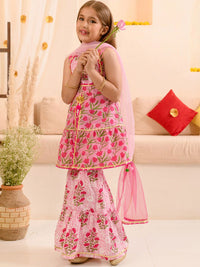 pspeaches Girls Floral Printed Gotta Patti Pure Cotton Kurta With Sharara & Dupatta
