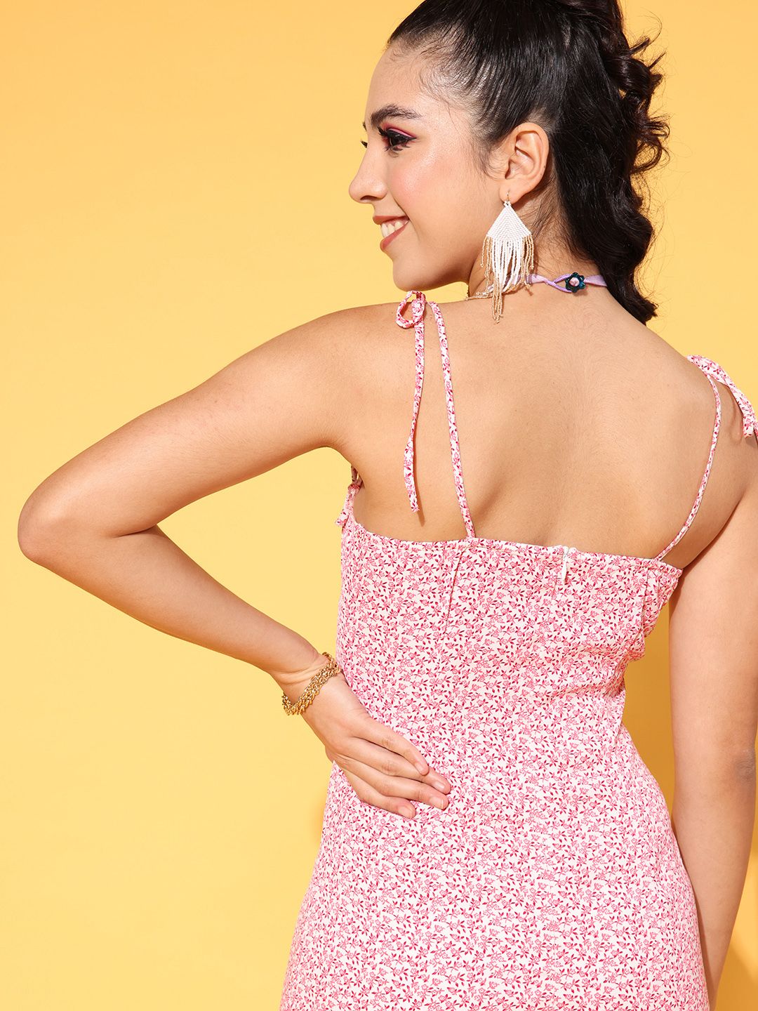 Berrylush Pink Floral Ruched Bodycon Mini Dress